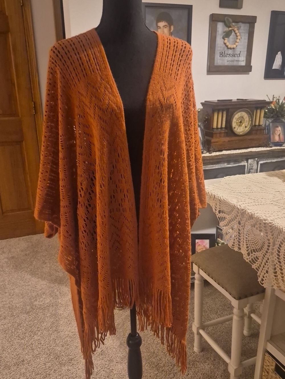 Nine West Open-Front Rust Fringe Knit Poncho